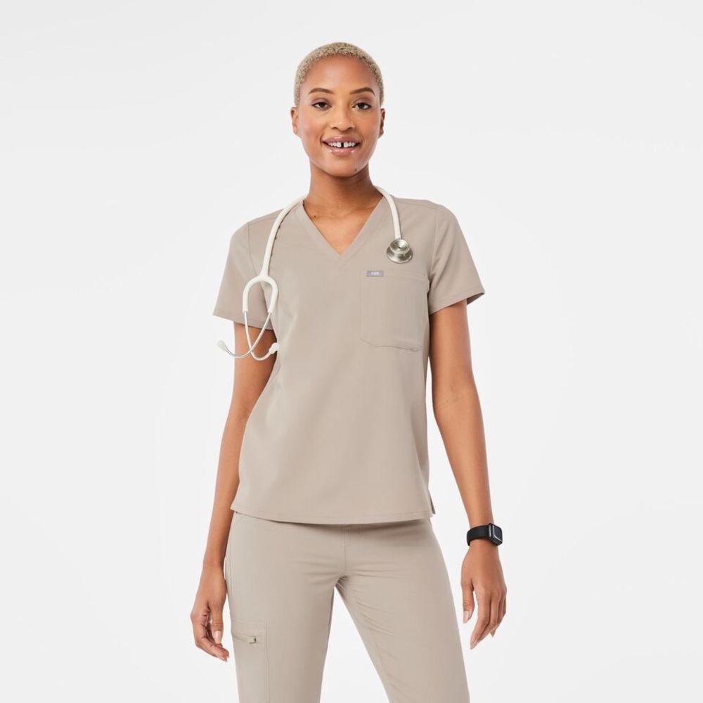 NWT FIGS Catarina One-Pocket Scrub Top, XS, Taupe